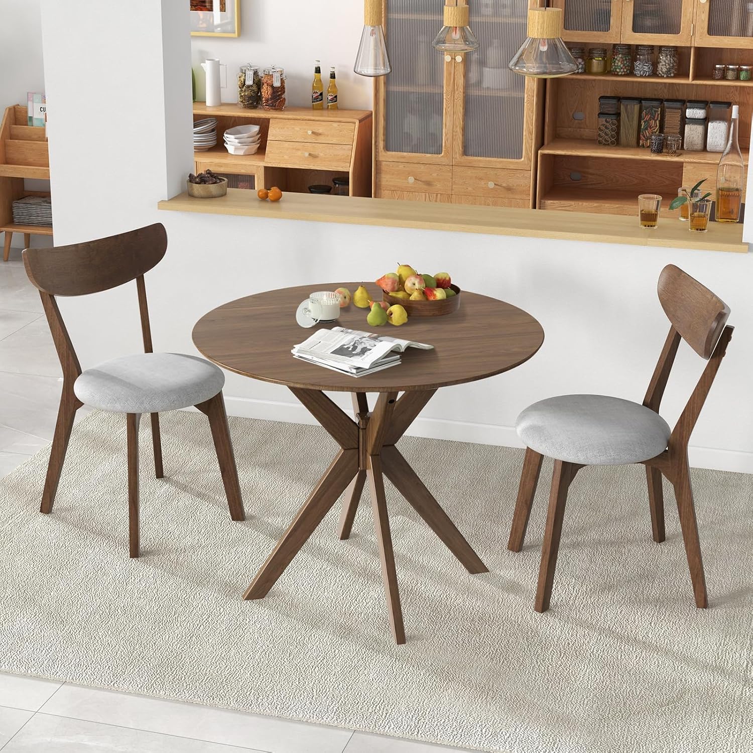 COSTWAY 36" Round Dining Table, Solid Wood Kitchen Table with Intersecting Pedestal Base and Adjustable Foot Pads for Home, Office, Small Space, Cafe, Bar