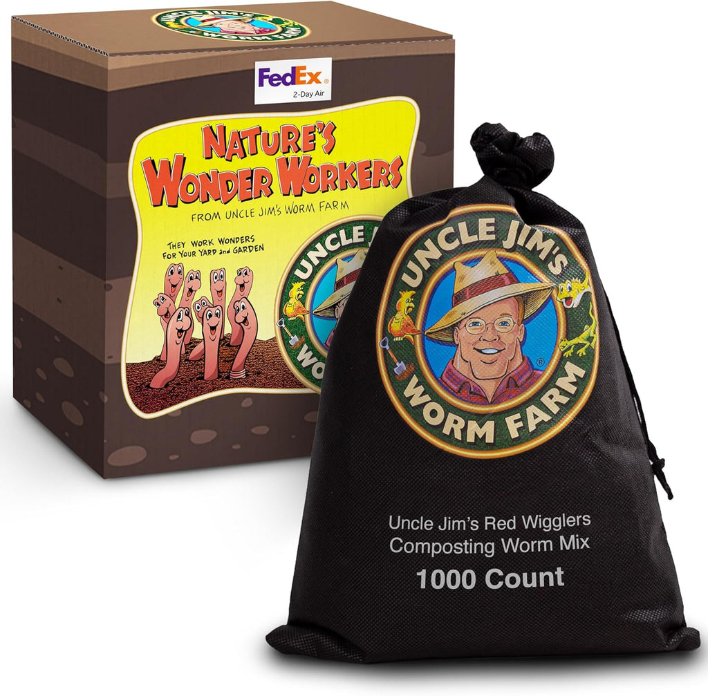Uncle Jim's Worm Farm 1000 Count Red Wiggler Composting Worms Mix for Garden Soil or Fishing | Pack of Compost Worms Improves Soil Structure and Quality for Healthier Gardens