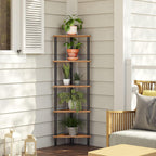 HOOBRO Corner Shelf Stand, Industrial 5-Tier Corner Bookshelf with Metal Frame, Plant Display Shelf, Small Bookcase for Small Spaces, Bedroom, Living Room, Rustic Brown BF33CJ01
