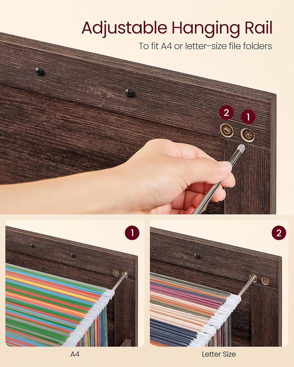 VASAGLE File Cabinet with 3 Drawers, Printer Stand, Fit A4 Letter Size | Hanging File Folders, Farmhouse Style, for Home Office, Maroon Brown, HANAN Collection UOFC054K02