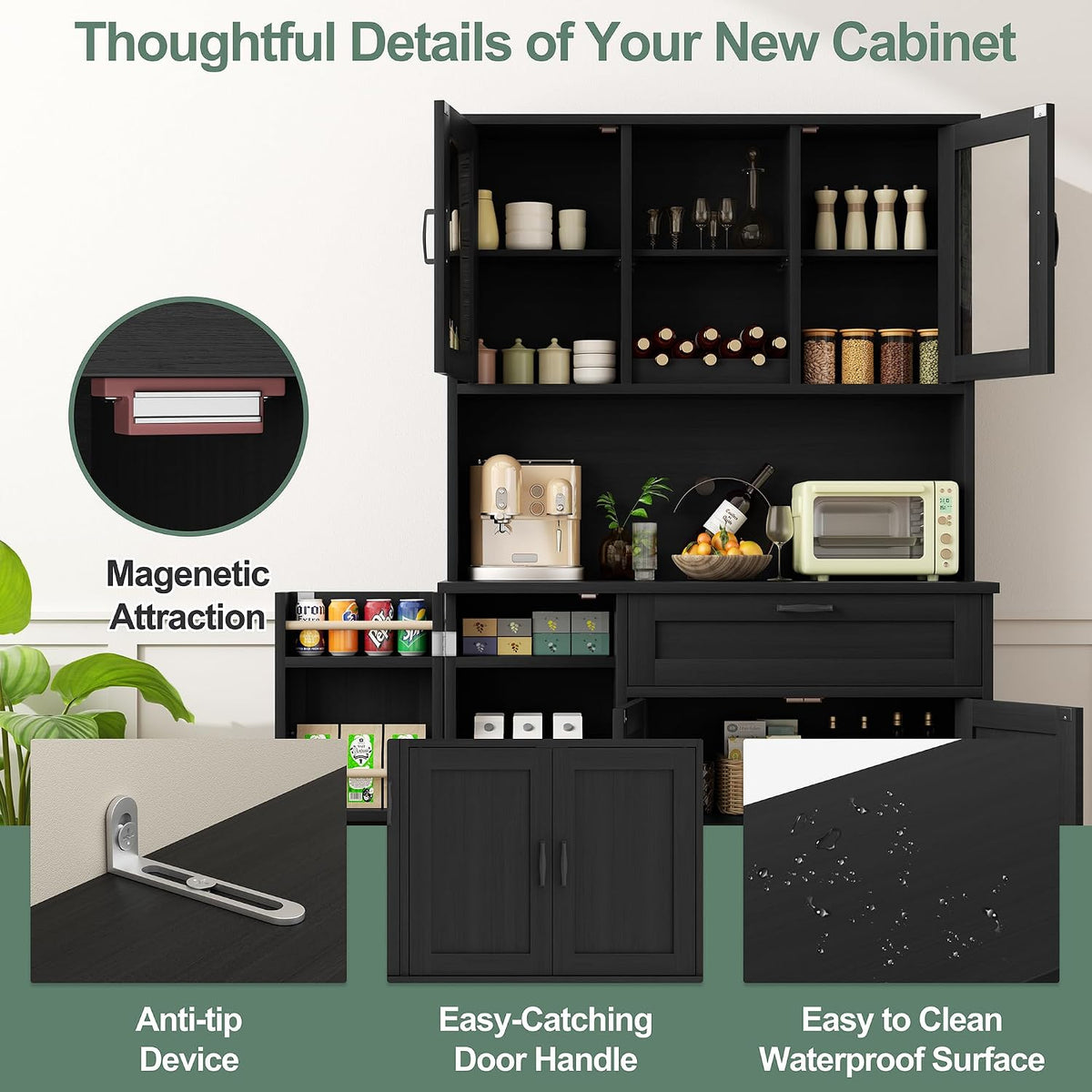 Shintenchi 68" Kitchen Pantry Storage Cabinet, with Microwave Stand, Black | Freestanding Buffet Cabinet, with 3 Door Shelves, Kitchen Hutch with Doors, Adjustable Shelves and Wine Rack