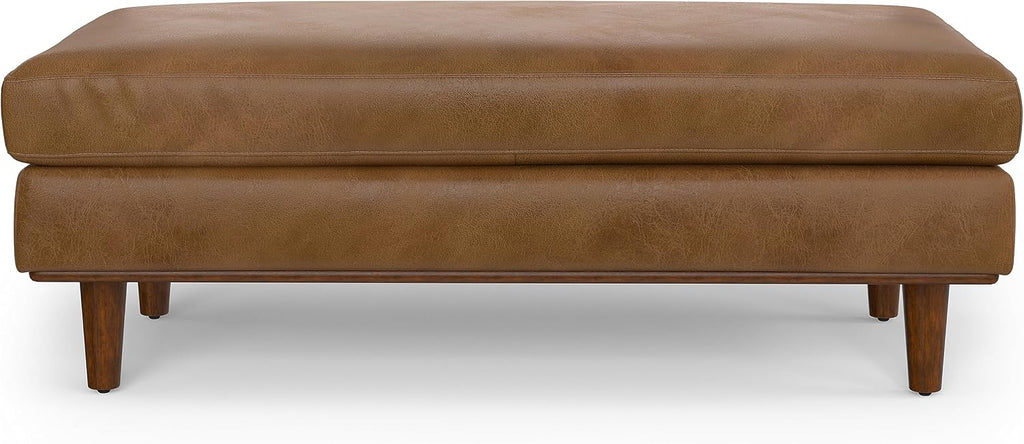 SIMPLIHOME Morrison 49" Wide Genuine Leather Rectangle Ottoman in Caramel | Caramel brown, mid-century modern ottoman with a cushioned top for extra seating, coffee table or footrest.