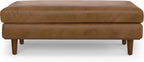 SIMPLIHOME Morrison 49" Wide Genuine Leather Rectangle Ottoman in Caramel | Caramel brown, mid-century modern ottoman with a cushioned top for extra seating, coffee table or footrest.