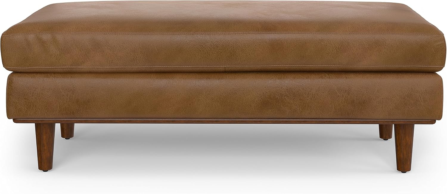 SIMPLIHOME Morrison 49" Wide Genuine Leather Rectangle Ottoman in Caramel | Caramel brown, mid-century modern ottoman with a cushioned top for extra seating, coffee table or footrest.