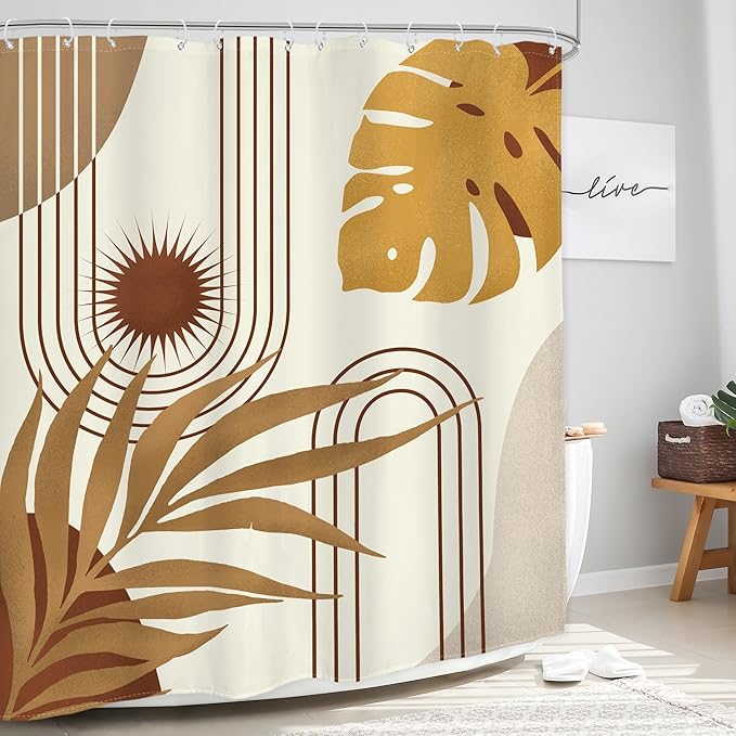 Glawry Boho Mid Century Shower Curtain Yellow Brown Abstract Tropical Palm Leaves Sun Bathroom Minimalist Geometric Arch Retro Plant 60Wx72L Inches Bath Accessories Art Home Decor Fabric 12 Pack Hooks