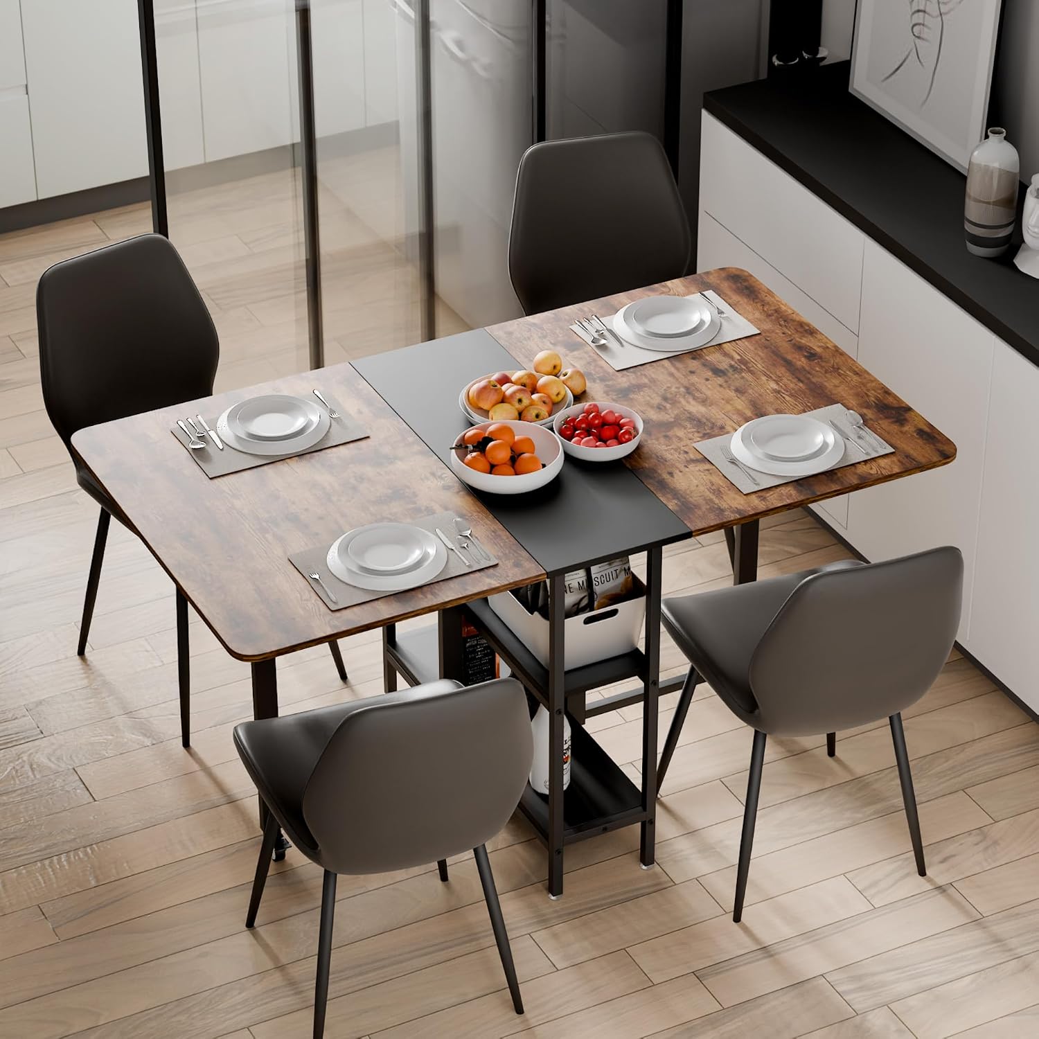 Mondeer 140 cm Folding Dining Table, Kitchen Table for Small Spaces, 4-6 People | Foldable table, sufficient storage space, 360° wheels easy to move and lock, kitchen, dining room, living room, brown