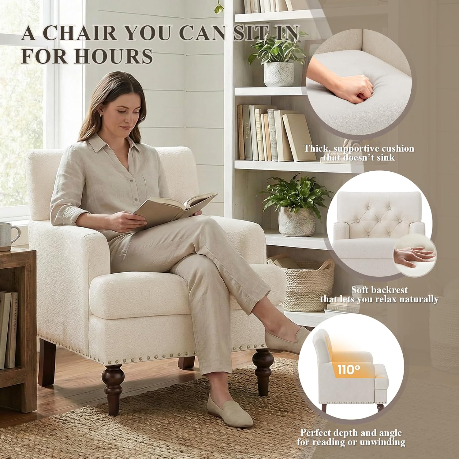 MALOL Modern Accent Chairs Set of 2 for Living Room, Comfy Bedroom Reading Armchair, Upholstered Single Sofa Chair with Thick Cushion &Wood Legs for Small Spaces, Beige