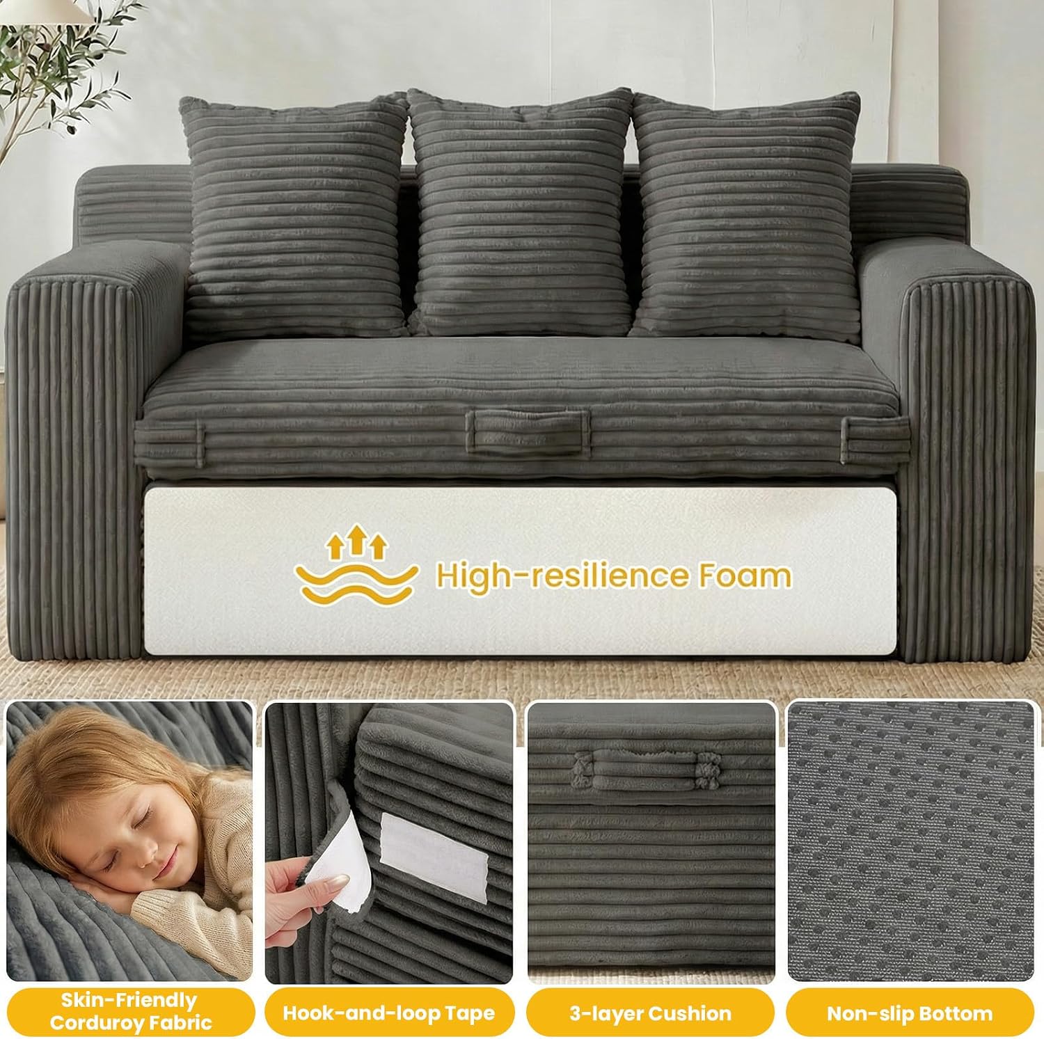 Couch,3 Seater Couch Bed – 3-in-1 Convertible Sleeper Sofa with Side Pockets & Handle,Pull Out Corduroy Futon for Small Space,Living Room & Bedroom, 3 Pillows Included,No Assembly