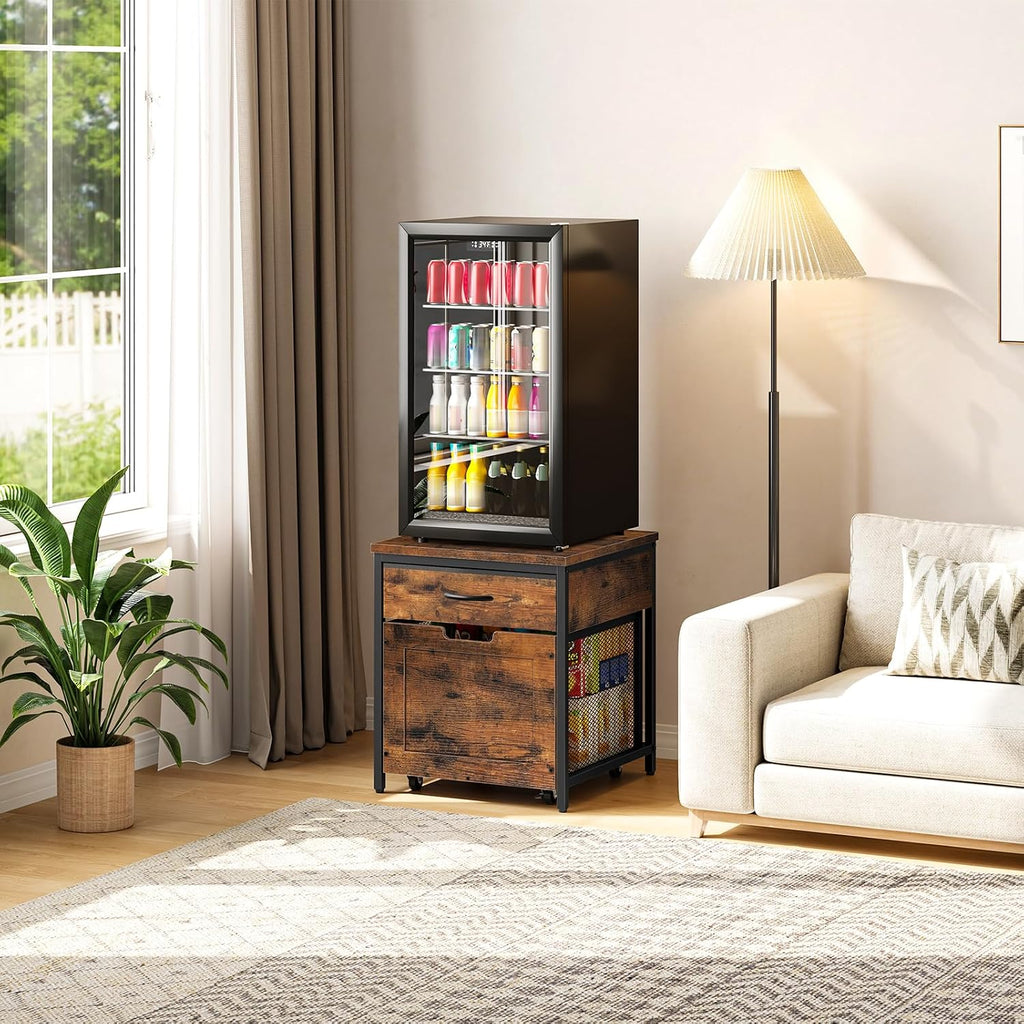 CHOEZON Mini Fridge Stand with Power Outlet, Large Side Table with 2AC and 2 USB Ports, Mobile Beverage Cart with Fabric Drawer for Dorm, Kitchen, Living Room, Rustic Brown and Black TBZ56UBF