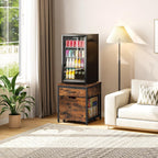 CHOEZON Mini Fridge Stand with Power Outlet, Large Side Table with 2AC and 2 USB Ports, Mobile Beverage Cart with Fabric Drawer for Dorm, Kitchen, Living Room, Rustic Brown and Black TBZ56UBF