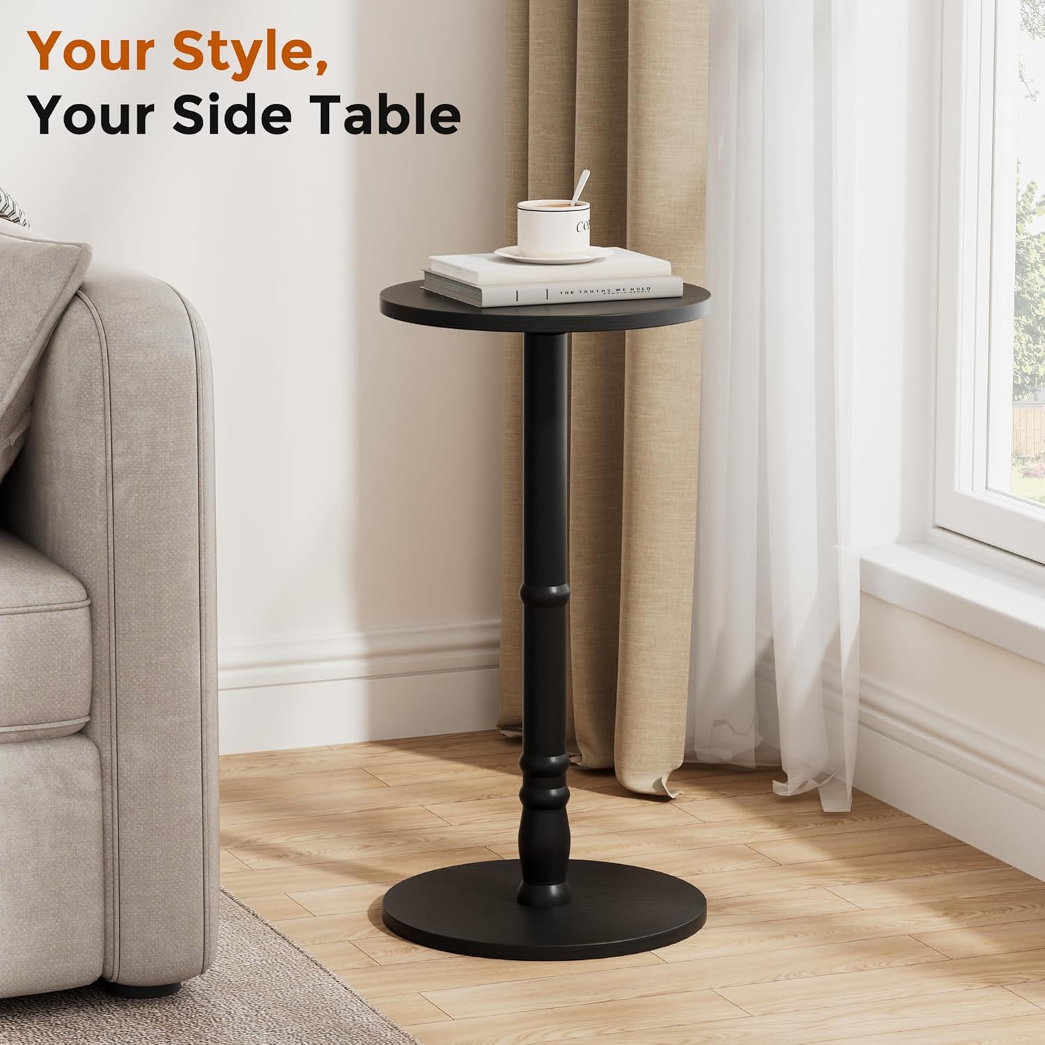 Homleke 12" Round Side Table, Solid Wood Pillar with Wood Top & Base, Small Drink Accent Table for Living Room, Bedroom, Sofa & Office, Easy Assembly, Black