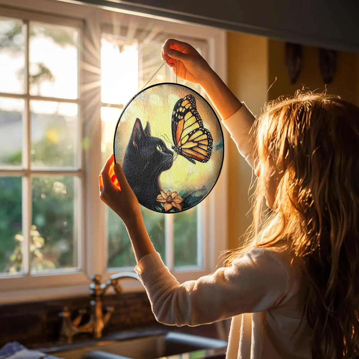 Black Cat Gifts, Cat Memorial Suncatcher Gift for Loss of Cats Butterfly Stained Glass Suncatcher Window Hanging Decor for Garden, Pet Loss Gift Christmas Birthday Sympathy Gifts for Pet Lovers Women