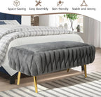 End of Bed Bedroom Storage Bench Upholstered, Hand-Woven Storage Ottoman Bench for Bedroom with Hinged Lid Golden Legs, for Living Room, Entryway Grey
