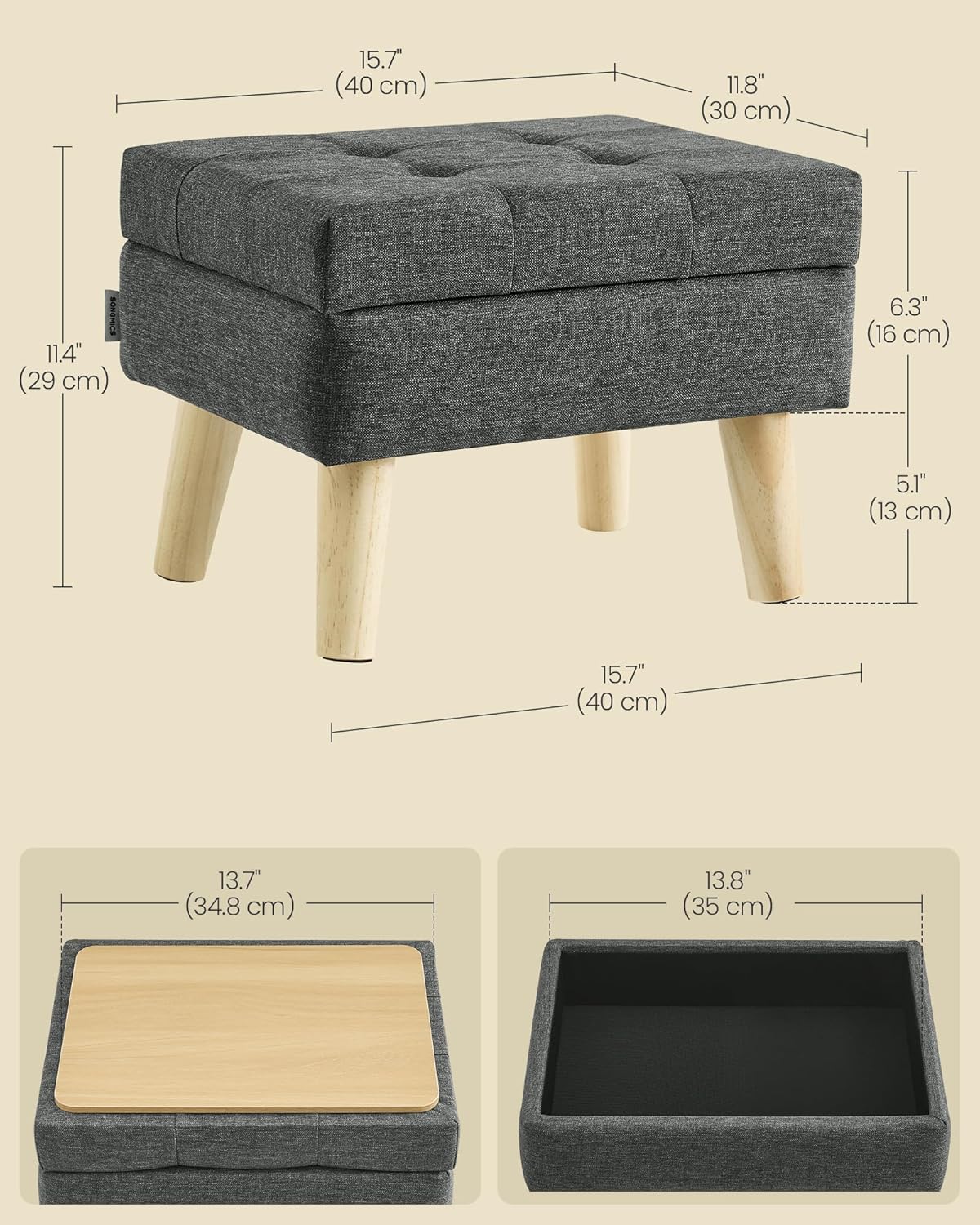 SONGMICS Storage Ottoman, Foot Stool, Ottoman with Padded Seat, Foot Rest with Wood Legs, Small Table, for Hallway, Living Room, 11.8 x 15.7 x 11.4 Inches, Linen-Look Fabric, Slate Gray ULOM517GN01