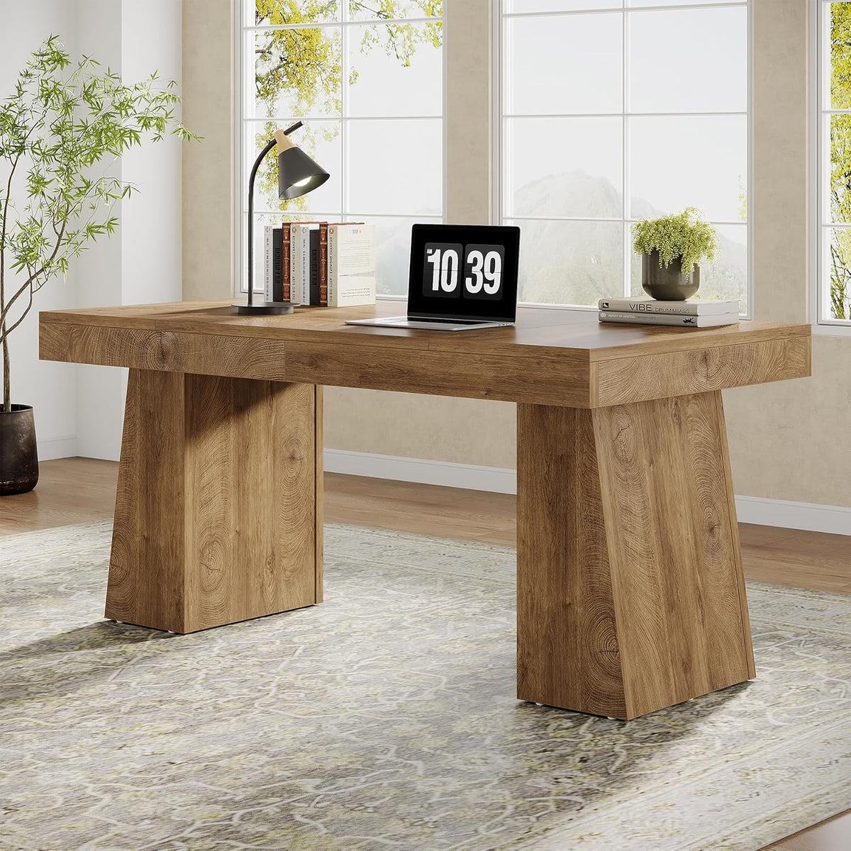 Tribesigns 55" Executive Desk, Wooden Office Desk with Double Pedestal, Modern Computer Writing Table for Home Office, Light Brown