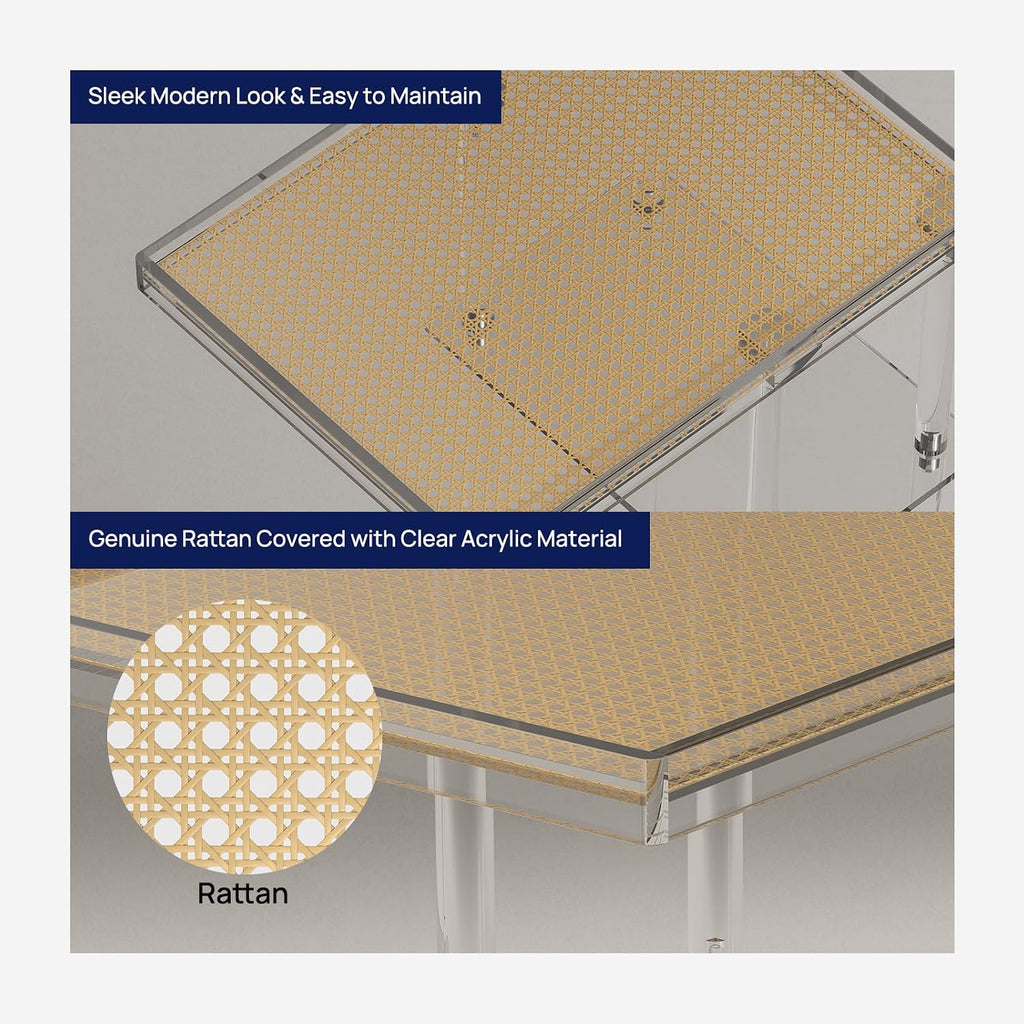 HMYHUM Acrylic C-Shaped End Table, 3-Tier Clear Side Table for Couch, Living Room, Bedroom, Small Spaces, 15.5''L x 11.6''W x 25''H, Woven Rattan Interlayer