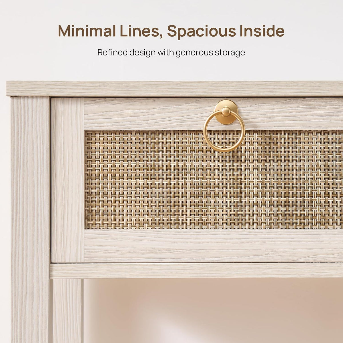 SICOTAS White Rattan Nightstand Set of 2 with Storage Shelf, Bedside Tables | Night Stand Set of 2 with Rattan Drawer, Boho End Tables with Storage for Bedroom, Guest Room, Apartment, and Small Spaces