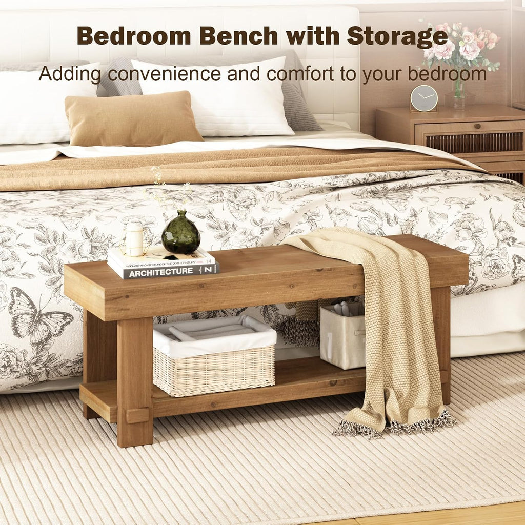 Solid Wood Bench - 42.5" Long Farmhouse Entryway Bench, Narrow End of Bed Storage Benches Seat for Indoor, Entryway, Dining Room, Living Room, Bedroom and Hallway, Natural