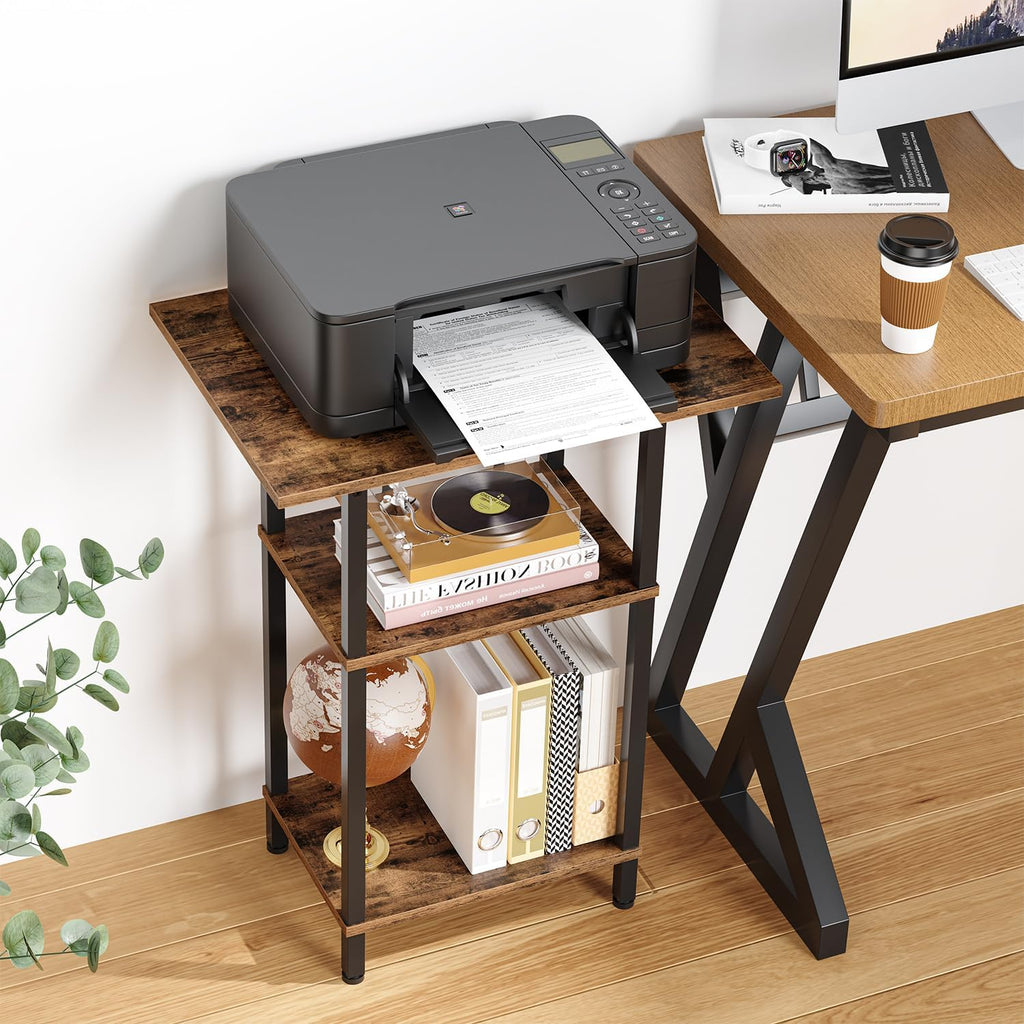 Asgolion Tall End Table with Charging Station, Skinny Nightstand with USB Ports and Outlets, 3 Tier Narrow Side Table with Storage for Bedroom, Living Room, Office, Rustic Brown and Black