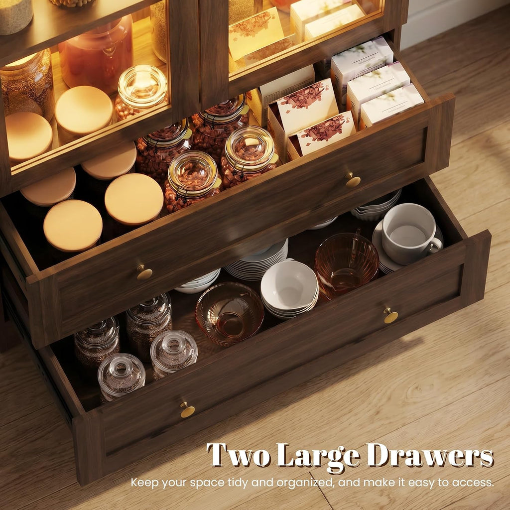 Pamapic Arched Kitchen Pantry Cabinet, 71" Tall Arched Cabinet with LED Light & Glass Doors, Farmhouse Kitchen Storage Cabinet with 2 Large Drawers, Wooden Pantry for Dining Room, Living Room (Brown)