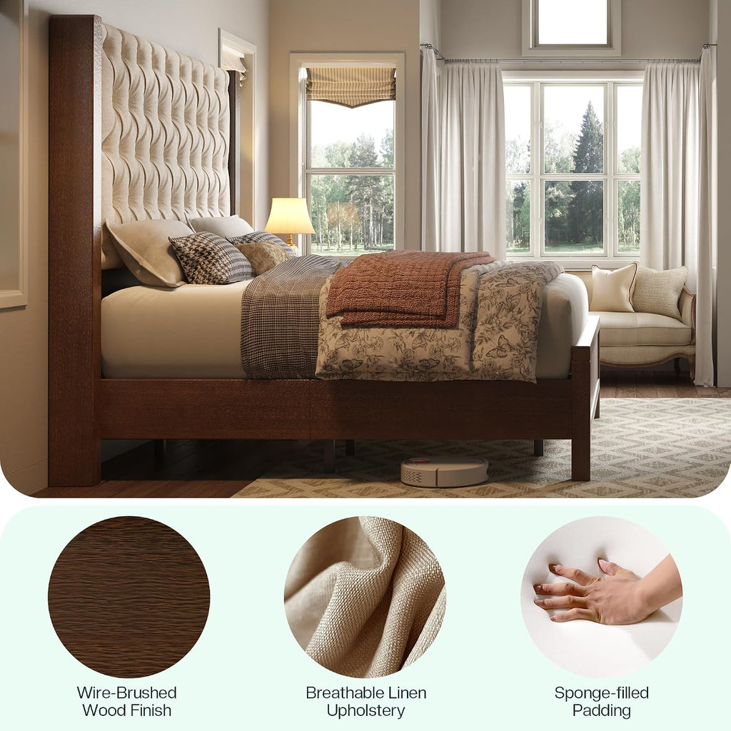 Jocisland King Size Solid Wood Bed Frame,57" Wingback Headboard,Walnut