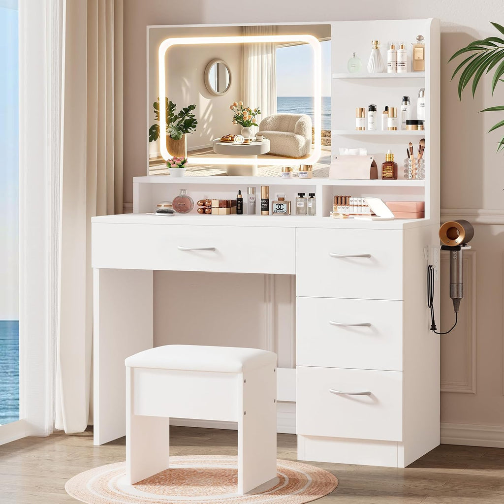 LIVELYGLOW White Makeup Vanity Desk with Charging Station & 4 Drawers | Smart LED Mirror, Cushioned-Stool, Hairdryer Rack