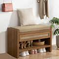 SICOTAS Rattan Shoe Bench Entryway Bench with Storage Drawer, Linen Cushion | Farmhouse Boho Shoe Rack with Shelf, Wooden Storage Bench for Entryway Hallway and Bedroom, Caramel Oak