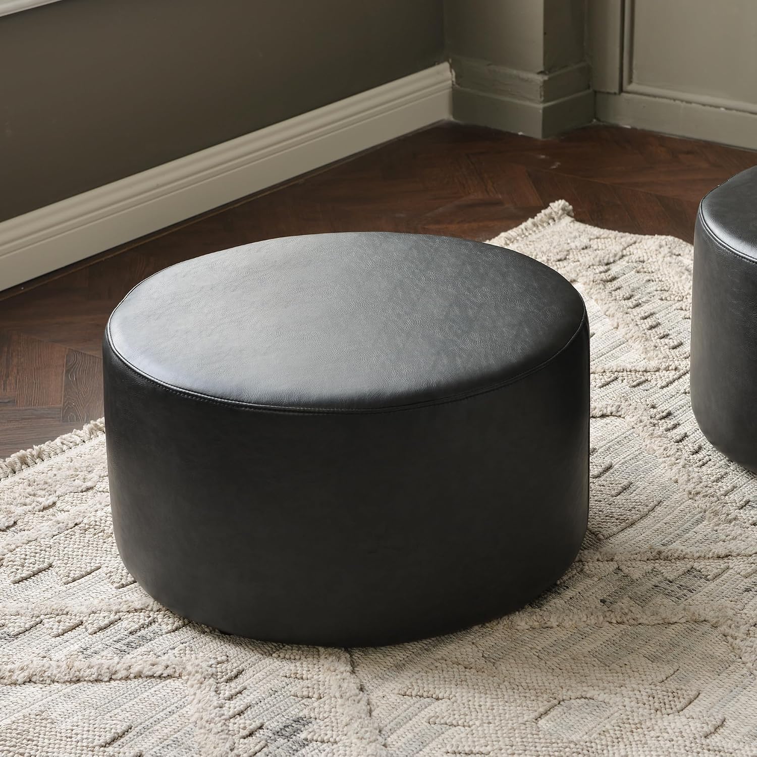 KINWELL Modern Faux Leather Round Upholstered Ottoman, Multi-Functional Sofa Footrest, Side Table, Extra Seating for Living Room, Bedroom (Black, 24" D x 24" W x 13" H)