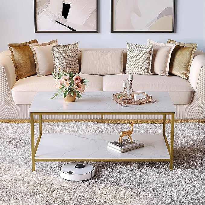 SAYGOER Modern 2-Tier Coffee Table for Living Room White Gold Coffee Tables Industrial Rectangle Wood Table for Large or Small Spaces Home Office Apartment, White Gold