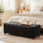 50” Ottoman Bench with Storage, Upholstered Faux Leather End of Bench for Bedroom, Load up to 660 lb, Fixed Base & Movable Swivel Wheels，Rectangular Tufted Entryway with Safety Hinge (Black)