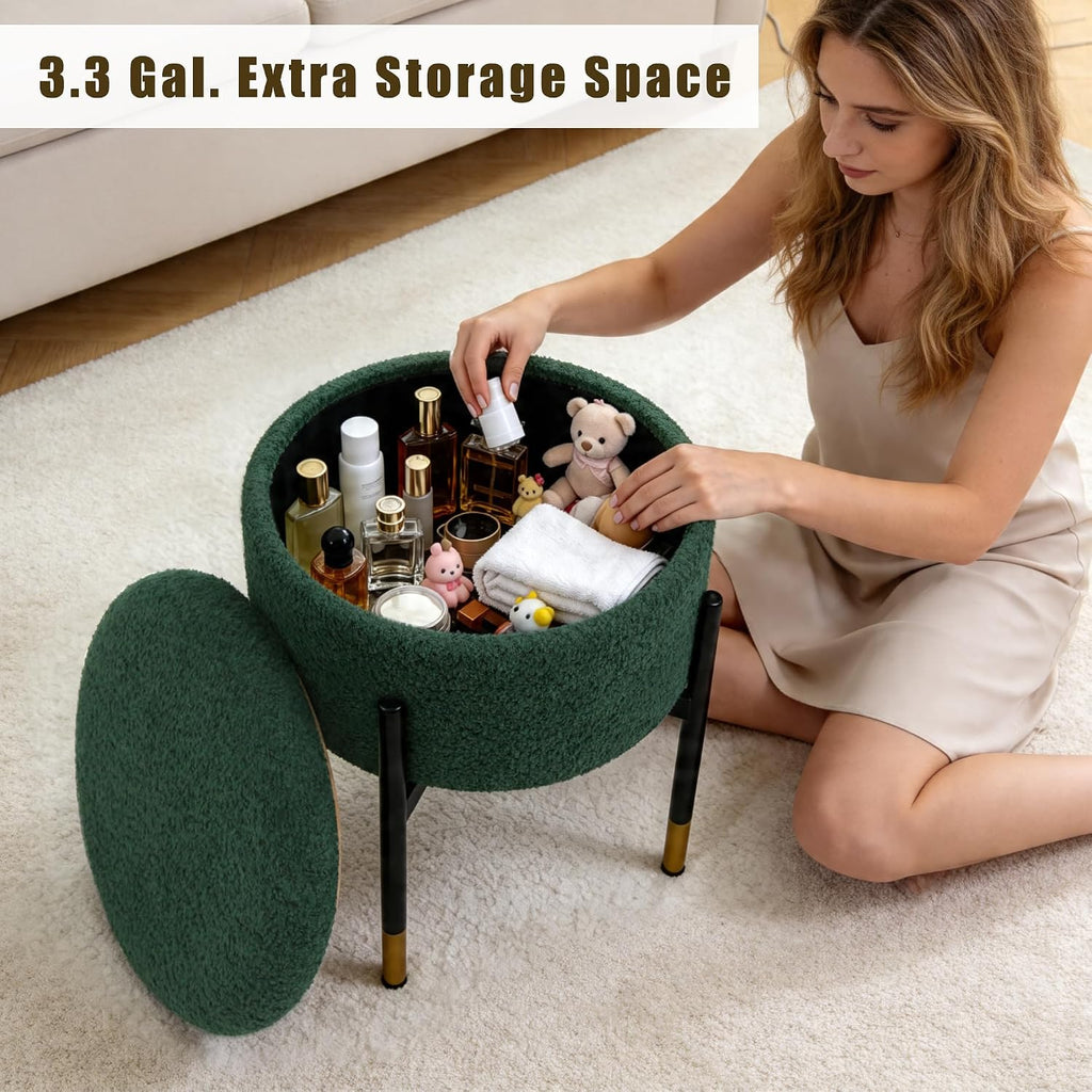 Round Ottoman with Storage,Soft Velvet Vanity Stool,Ottoman Coffee Table with Metal Legs,Foot Stool for Living Room Bedroom, Green