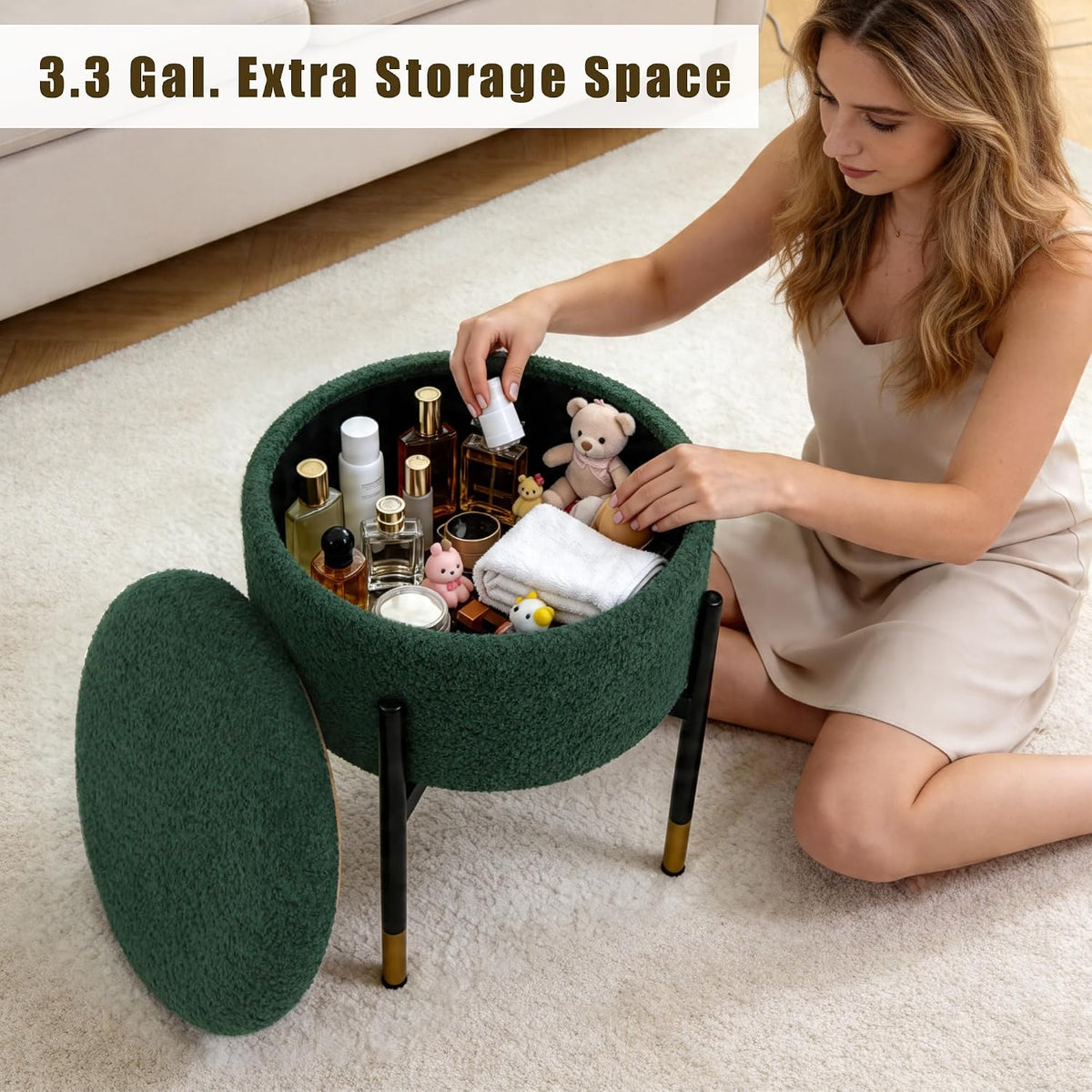 Round Ottoman with Storage,Soft Velvet Vanity Stool,Ottoman Coffee Table with Metal Legs,Foot Stool for Living Room Bedroom, Green