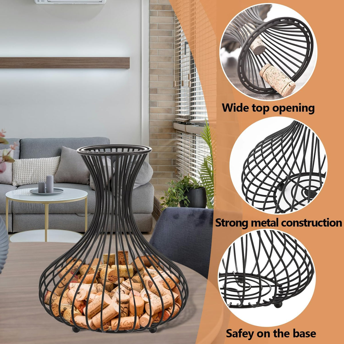 Metal Black Wine Cork Display Holder Iron Cork Container Decorative Free Standing Wine Cork Storage Collector Cage Wine Stopper Collector Basket for Wine Lover Gift Kitchen Decor