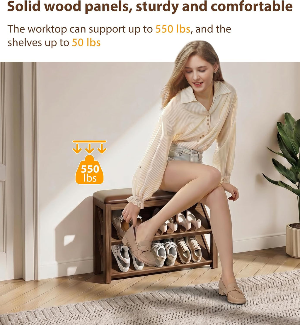 AQIMUELE Rubberwood Shoe Bench with Leather Cushion and Slanted Shelves | Solid Wood Shoe Storage Bench with 2 Tier Shelves and Anti-slip Foot Pads,Shoe Rack for Entryway,Hallway,Living Room,Walnut