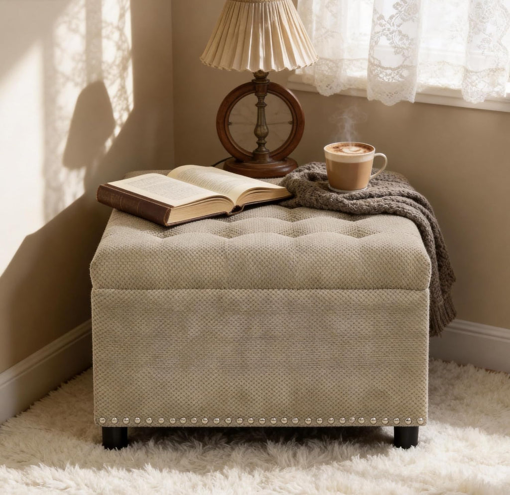 Oversized Square Ottoman with Storage for Living Room, Upholstered Fabric Tufted Footstool with Storage, Mid Century Modern Ottoman Foot Rest for Chair, Camel