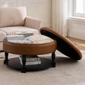 31.5 Inch Large Round Storage Ottoman with Wood Shelf Multifunctional Coffee Table Ottoman Round Storage Bench with Bottom Open Shelf for Living Room Bedroom Entryway Brown PU Leather