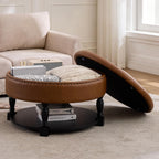 31.5 Inch Large Round Storage Ottoman with Wood Shelf Multifunctional Coffee Table Ottoman Round Storage Bench with Bottom Open Shelf for Living Room Bedroom Entryway Brown PU Leather