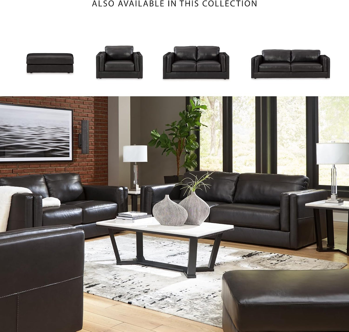 Signature Design by Ashley Amiata Black Leather and Faux Leather Ottoman, Fully Assembled Coffee Table Alternative, Rectangular Footrest Bench for Living Room, Onyx, 44" W x 24" D x 17" H