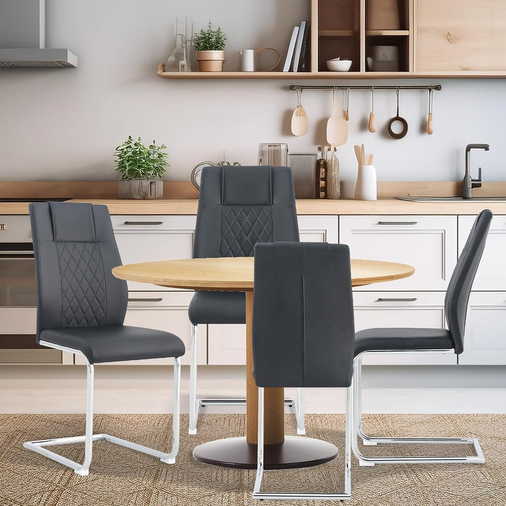 cinkehome Modern Black Dining Chairs Set of 4 with Silver Metal Legs, High Back Upholstered Armless Side Chair for Kitchen, Dining Room, Faux Leather