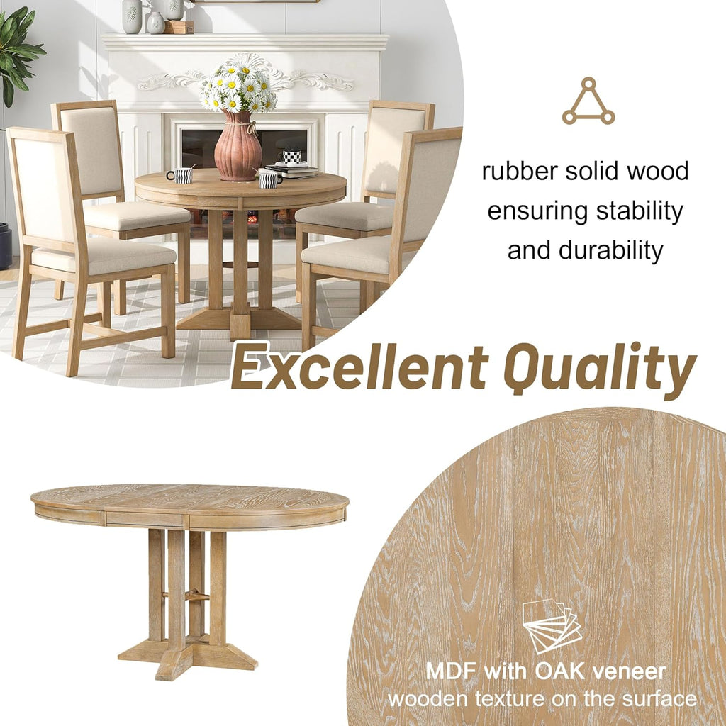 42" Round Dining Table for 4-6, Functional Round Extendable Wood Folding Mid Century Modern Round Dining Table for Dining Room Kitchen, Restaurant, Café, Natural