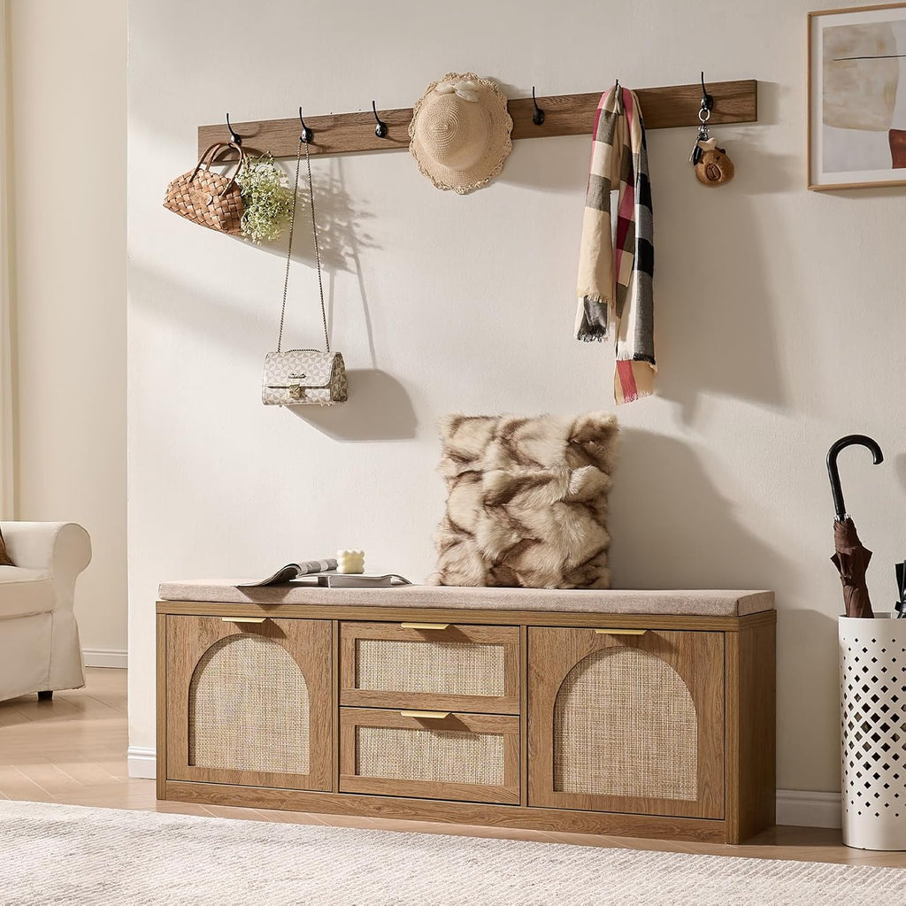 Rattan Narrow Entryway Bench with Shoe Storage, 4 Drawers & Coat Rack, Mid-Century Modern Wood Shoe Cabinet with Seat Cushion for Foyer/Hallway (Rustic Oak Rattan)