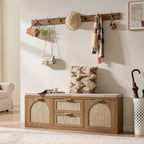 Rattan Narrow Entryway Bench with Shoe Storage, 4 Drawers & Coat Rack, Mid-Century Modern Wood Shoe Cabinet with Seat Cushion for Foyer/Hallway (Rustic Oak Rattan)