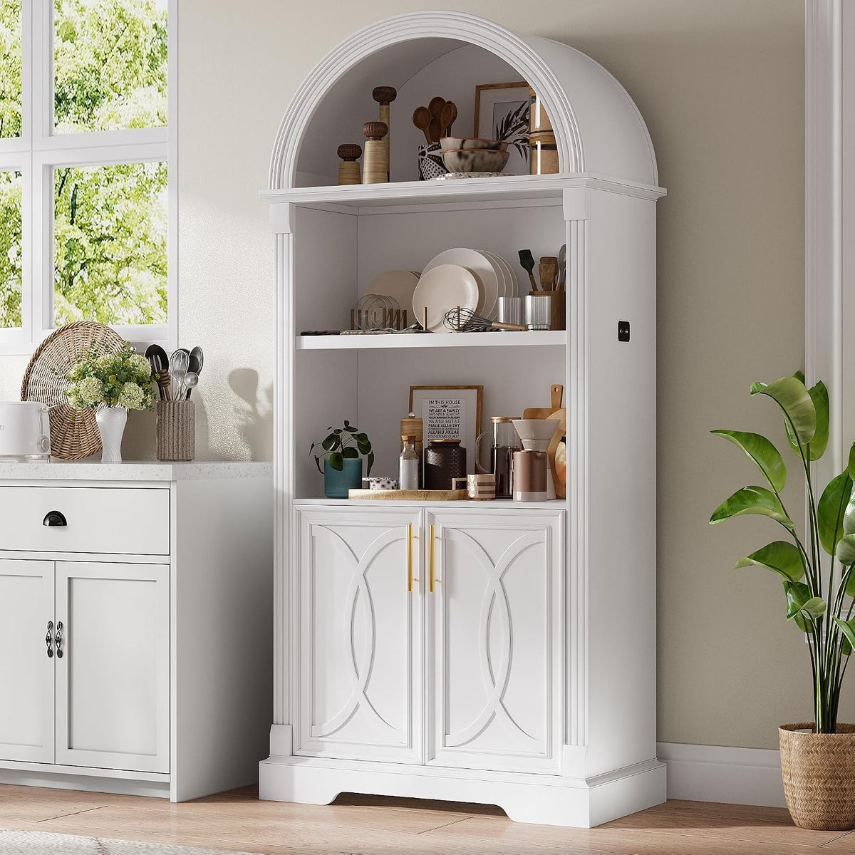 Vlsrka Kitchen Pantry Storage Cabinets with Adjustable Shelves, 71" Tall | Arched Wooden Cabinet with Doors, 3 Colors LED Lights, Motion Sensor, Freestanding, for Living/Dining Room, White