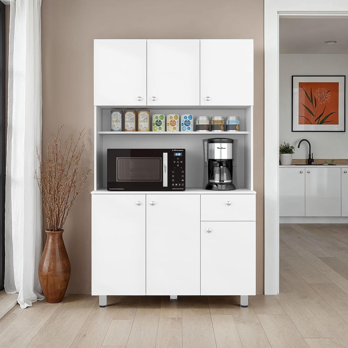 DEPOT E-SHOP 44" Lehr Pantry Cabinet with Ample Storage, Spacious Shelves, and 6 Doors-1 Drawer, White - Kitchen – Tall Kitchen Storage & Pantry Organization