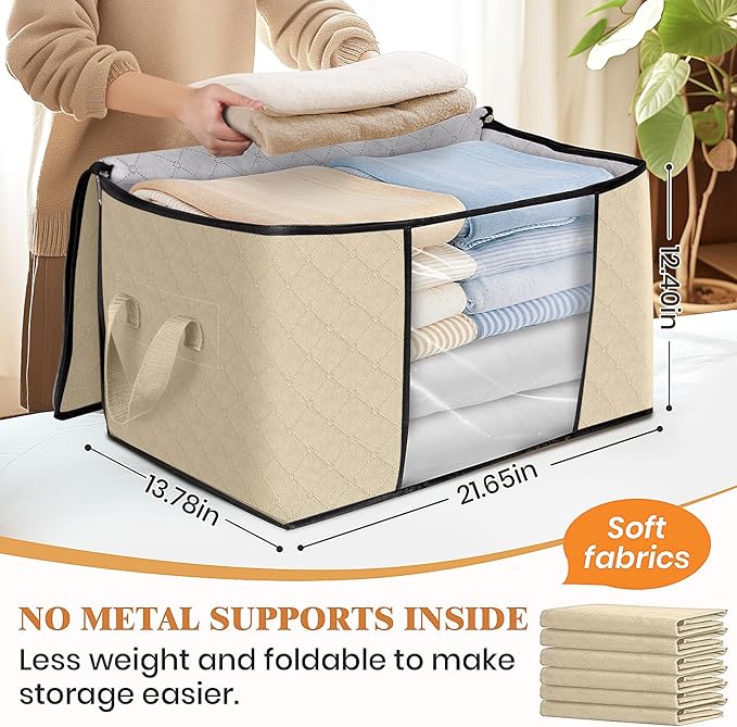 Fab totes 6 Pack Clothes Storage, Foldable Thick Fabric Blanket Storage Bags, Containers for Organizing Bedroom, Closet, Clothing, Comforter,Organization with Handle,Beige