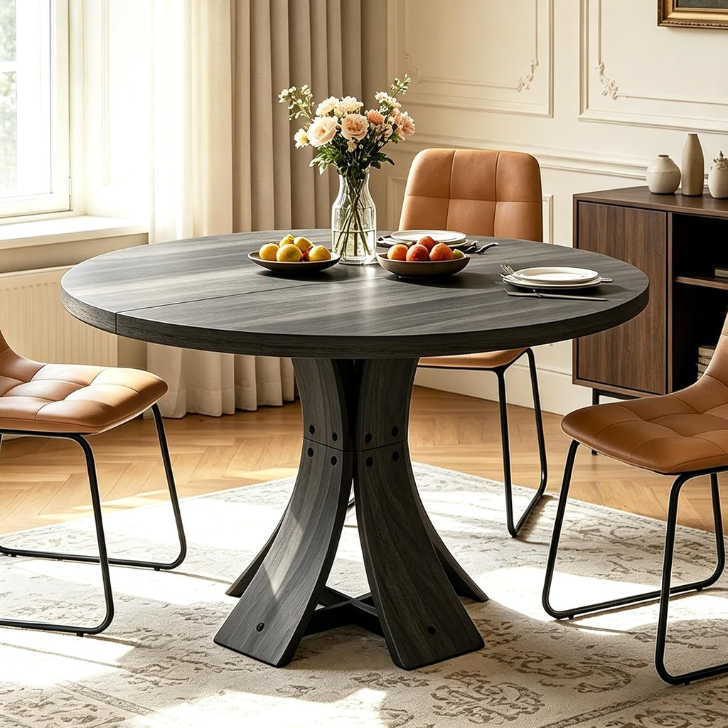 43.3" Round Dining Table for 4-6 People, Farmhouse Kitchen Table for 4-6, Mid Century Modern Circle Dining Table with Curved Solid Wood Frame for Kitchen Dining Room, Black