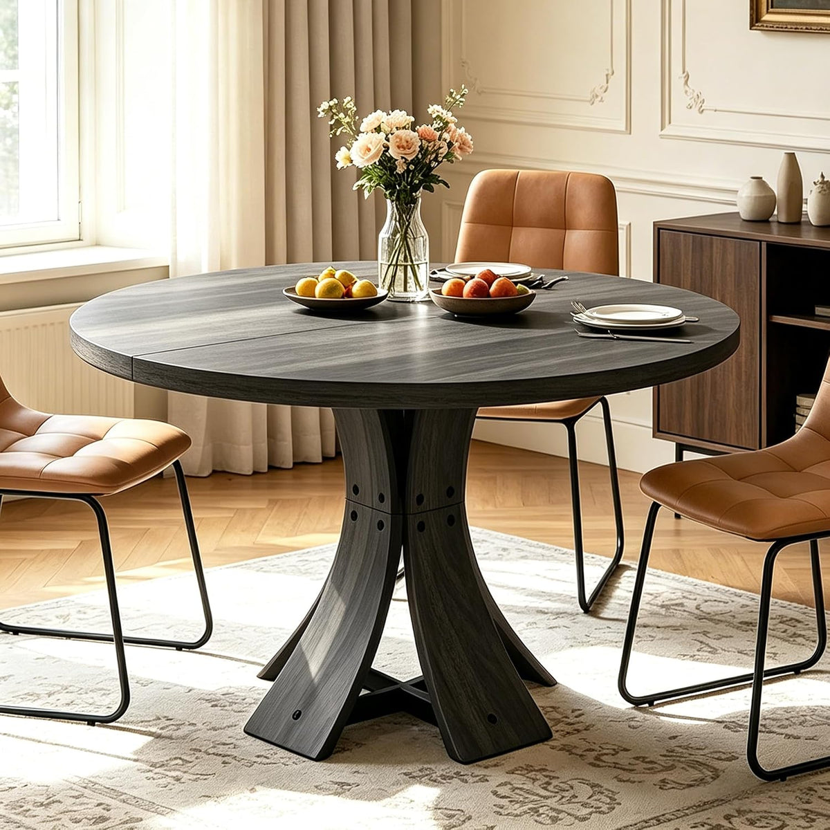 43.3" Round Dining Table for 4-6 People, Farmhouse Kitchen Table for 4-6, Mid Century Modern Circle Dining Table with Curved Solid Wood Frame for Kitchen Dining Room, Black