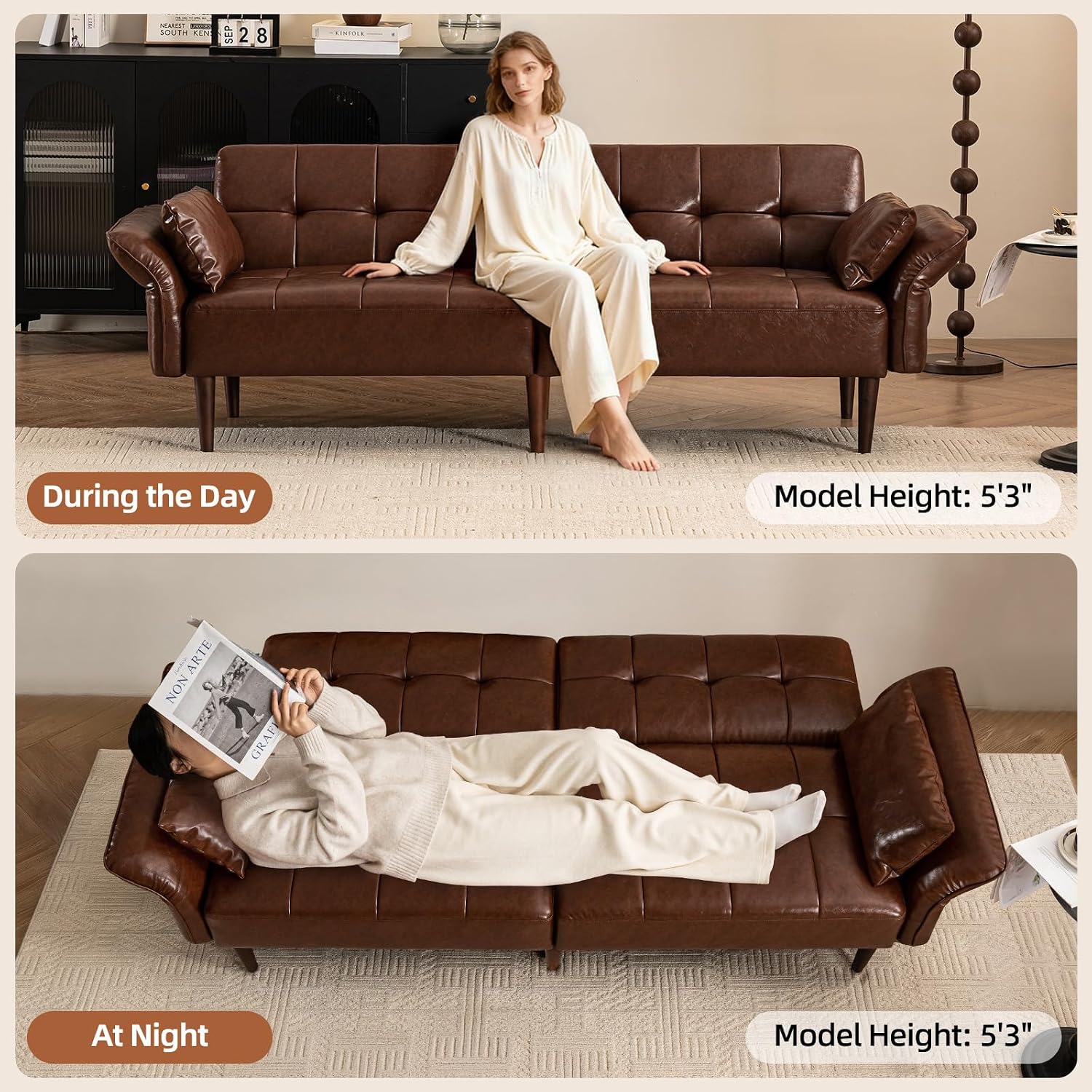 HALLYBEE 85" Futon Faux Leather Couch with Adjustable Armrests Red Brown | Futon Sofa Bed, Sleeper Sofa, Small Couch with Pillows, Side Pockets, Mid Century Modern, Living Room, Bedroom, Apartment
