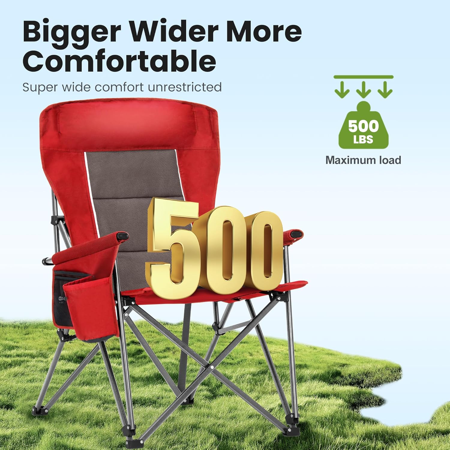HIGH POINT SPORTS Oversized Folding Camping Chairs for Adults, High Backrest Heavy Duty Lawn Chairs Support 500 LBS Portable Collapsible Camp Chairs with Cup Holders,Side Pocket, Red