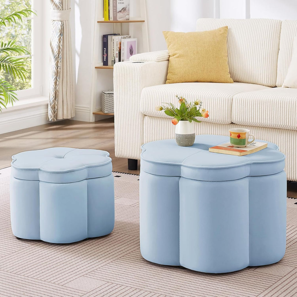 Set of 2 Round Ottomans, Velvet Upholstered Storage Ottoman with Flower Shape, Modern Vanity Stool with Storage, Ottoman Coffee Table for Bedroom, Living Room (Seaglass)
